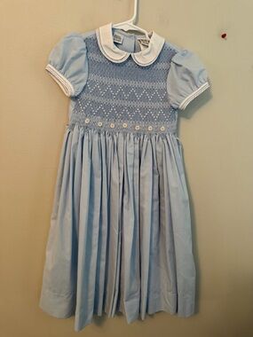 Sarah Louise Light Blue Hand Smocked Peter Pan Collar Dress
